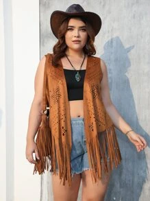 RELISH NOLESS Western Wear Women Plus Cowgirl Boho Hippie Old Money Bohemian Festival Suede Fringe Coat - Camel - View 6