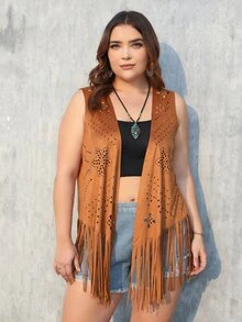 RELISH NOLESS Western Wear Women Plus Cowgirl Boho Hippie Old Money Bohemian Festival Suede Fringe Coat - Camel - View 8