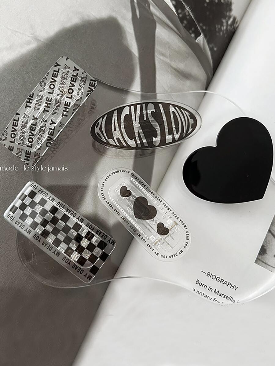 5pcs Heart & Letter Graphic Clear Clip - Black and White - View 1