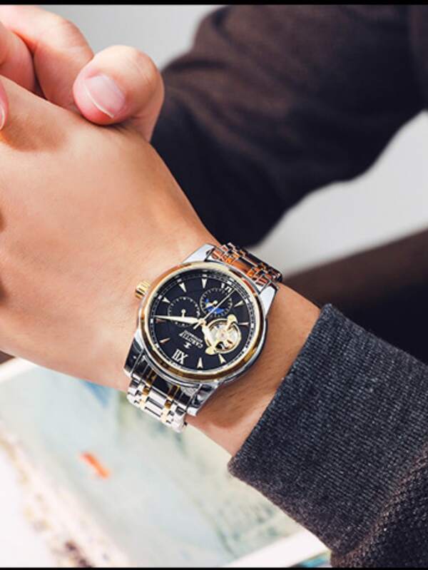 1pc Bestselling Automatic Tourbillon Black Dial Mechanical Men's Watch