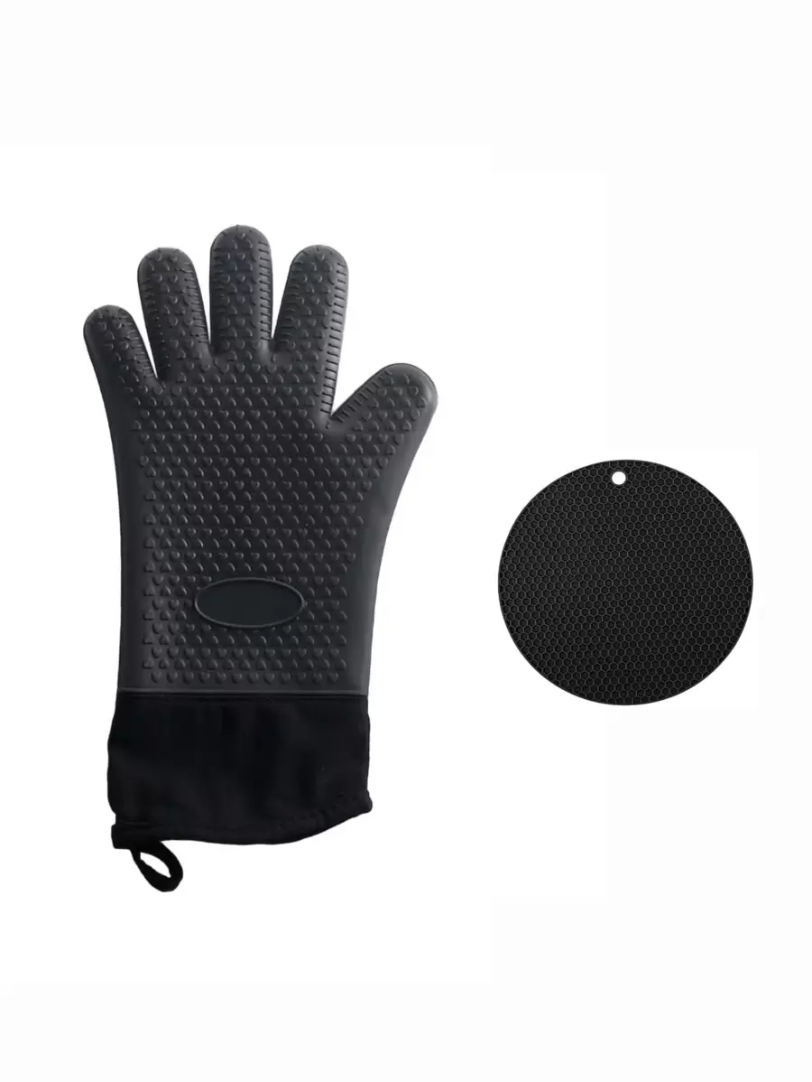 2 pièces/set en silicone Gant isolé & minimaliste noir résistant à la chaleur Gant manique & Tampon Ensemble pour barbecue