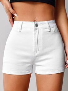 SHEIN EZwear Quần short denim nữ Nút Túi Dây kéo màu trơn - trắng - Xem 1