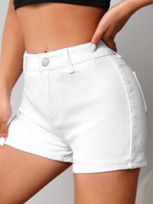 SHEIN EZwear Quần short denim nữ Nút Túi Dây kéo màu trơn - trắng - Xem 3