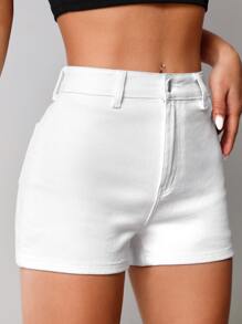 SHEIN EZwear Quần short denim nữ Nút Túi Dây kéo màu trơn - trắng - Xem 4