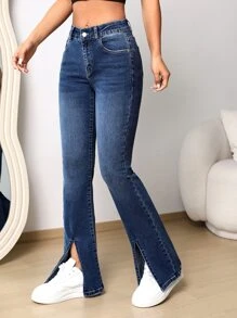 Split Hem Flare Leg Jeans - Dark Wash - View 1
