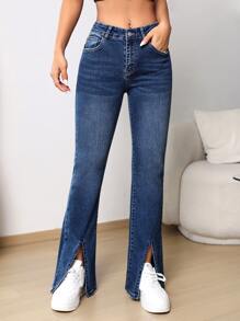 Split Hem Flare Leg Jeans - Dark Wash - View 3
