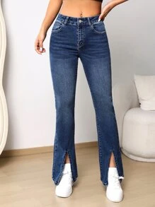 Split Hem Flare Leg Jeans - Dark Wash - View 4