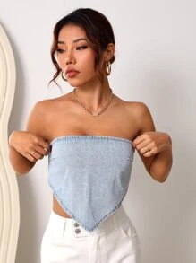 SHEIN EZwear Hanky Hem Denim Tube Top - Light Wash - View 3