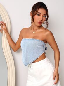 SHEIN EZwear Hanky Hem Denim Tube Top - Light Wash - View 4