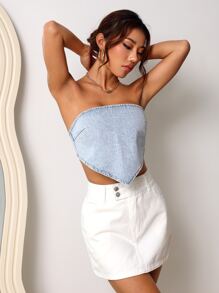 SHEIN EZwear Hanky Hem Denim Tube Top - Light Wash - View 5