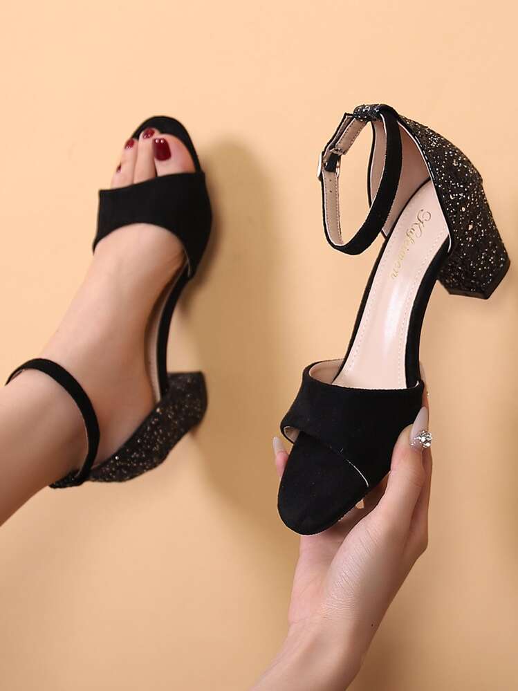 Elegant Outdoors Black Mid Heel Shoe For Women, Glitter Faux Suede Open Toe Ankle Strap Chunky Heeled Sandals - Black - View 1