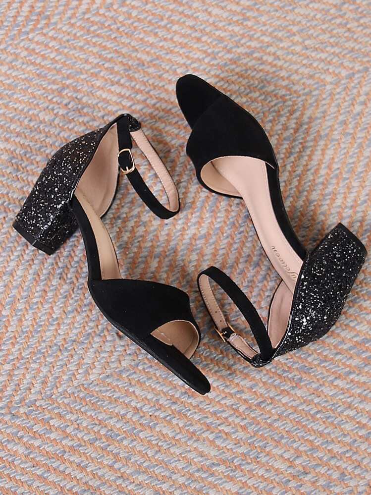 Elegant Outdoors Black Mid Heel Shoe For Women, Glitter Faux Suede Open Toe Ankle Strap Chunky Heeled Sandals - Black - View 3