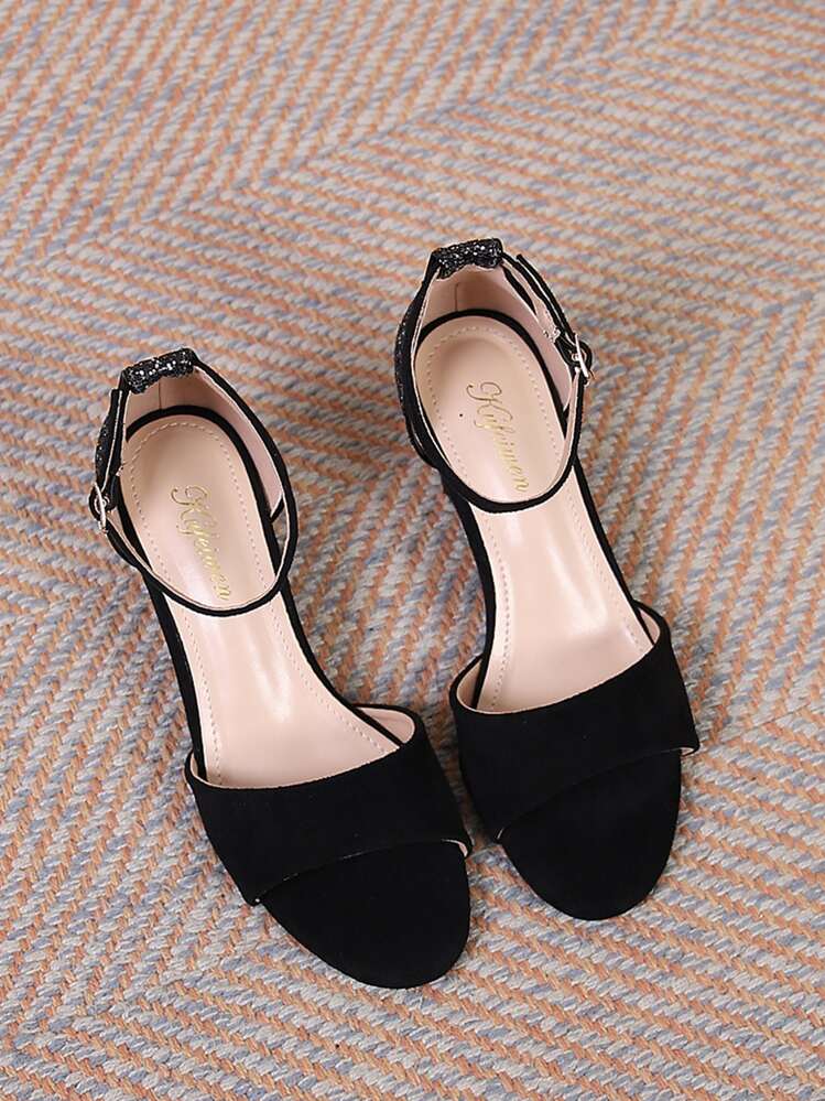 Elegant Outdoors Black Mid Heel Shoe For Women, Glitter Faux Suede Open Toe Ankle Strap Chunky Heeled Sandals - Black - View 4