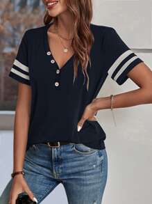 SHEIN LUNE 條紋印花紐扣細節T恤 - 藏蓝色 - 查看 5