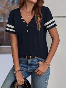 SHEIN LUNE 條紋印花紐扣細節T恤 - 藏蓝色 - 查看 6