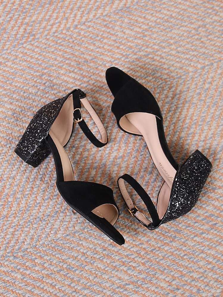 Elegant Outdoors Black Mid Heel Shoe For Women, Glitter Faux Suede Open Toe Ankle Strap Chunky Heeled Sandals - Black - View 8