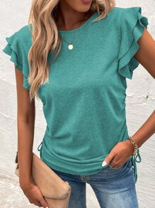 SHEIN LUNE Áo thun nữ Dây kéo Xù phân lớp màu trơn Giải trí - Màu xanh lam - Xem 1