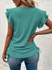 SHEIN LUNE Áo thun nữ Dây kéo Xù phân lớp màu trơn Giải trí - Màu xanh lam - Xem 2