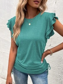 SHEIN LUNE Áo thun nữ Dây kéo Xù phân lớp màu trơn Giải trí - Màu xanh lam - Xem 4