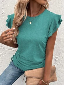 SHEIN LUNE Áo thun nữ Dây kéo Xù phân lớp màu trơn Giải trí - Màu xanh lam - Xem 6