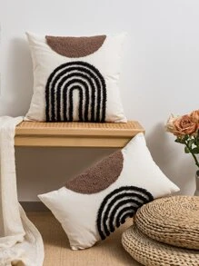 1件/2件套半圆形几何黑色和咖啡色图案抱枕套，帆布和天鹅绒刺绣方形靠垫套，适用于卧室、客厅、沙发、花园装饰，30*50厘米、45*45厘米、50*50厘米（不含枕芯） - 棕色 - 查看 16
