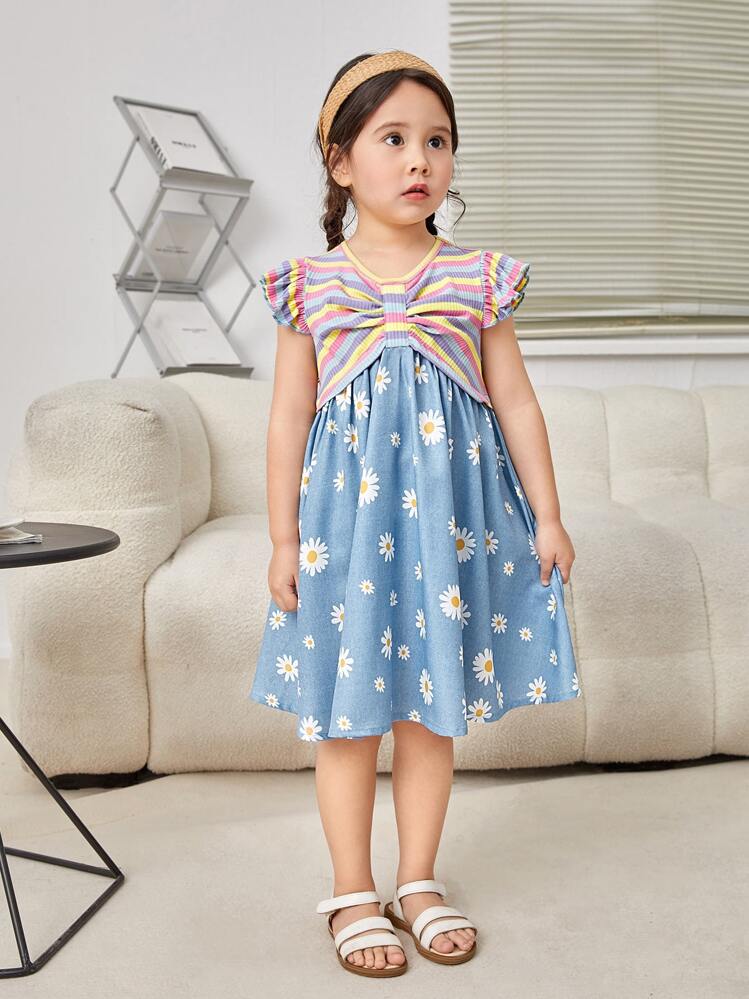 SHEIN Toddler Girls Striped & Floral Print Ruffle Trim Dress - Multicolor - View 1