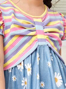 SHEIN Rynkad Krås Rib-Knit 2 i 1 Blommig Randig Boho Småflickor Klänning - Multifärgad - Visa 6