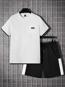 Manfinity Men Letter Patched Detail Tee & Drawstring Waist Shorts - Black and White - View 1