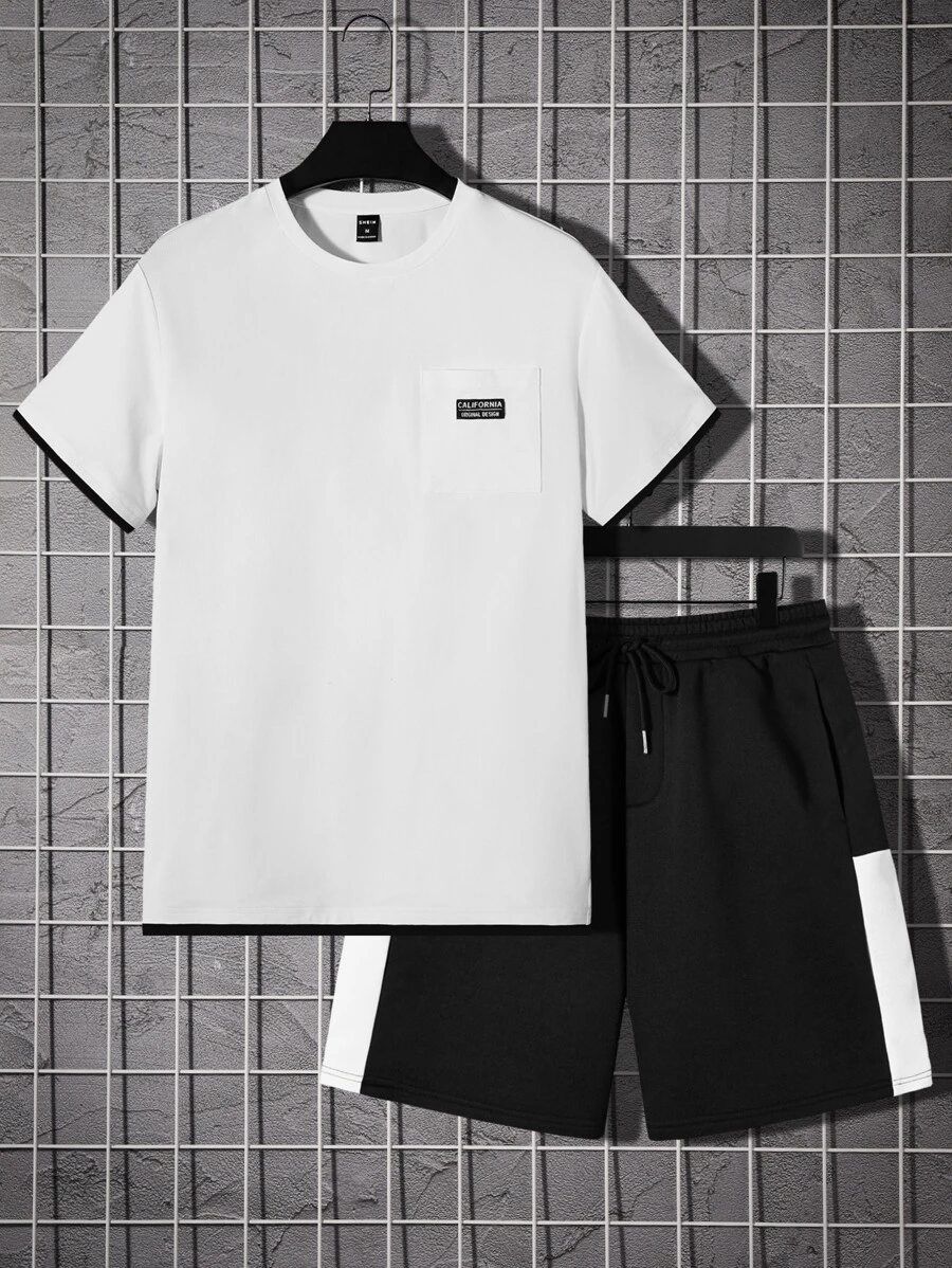 Manfinity Men Letter Patched Detail Tee & Drawstring Waist Shorts - Black and White - View 1