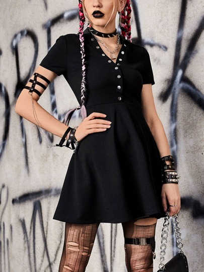 Solid Button Front A-line Dress