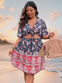 SHEIN Holidaya Plus Floral Print Knot Front Cut Out Waist Dress - Multicolor - View 1
