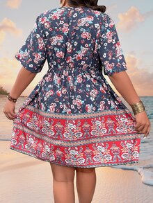 SHEIN Holidaya Plus Floral Print Knot Front Cut Out Waist Dress - Multicolor - View 2