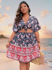 SHEIN Holidaya Plus Floral Print Knot Front Cut Out Waist Dress - Multicolor - View 4