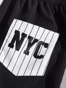 ROMWE MEN Prep Guys Striped Letter Graphic Shorts - Black and White - View 4