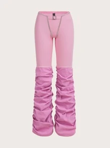 SHEIN ICON Buckle Belted Stacked Trousers - Pink - View 1