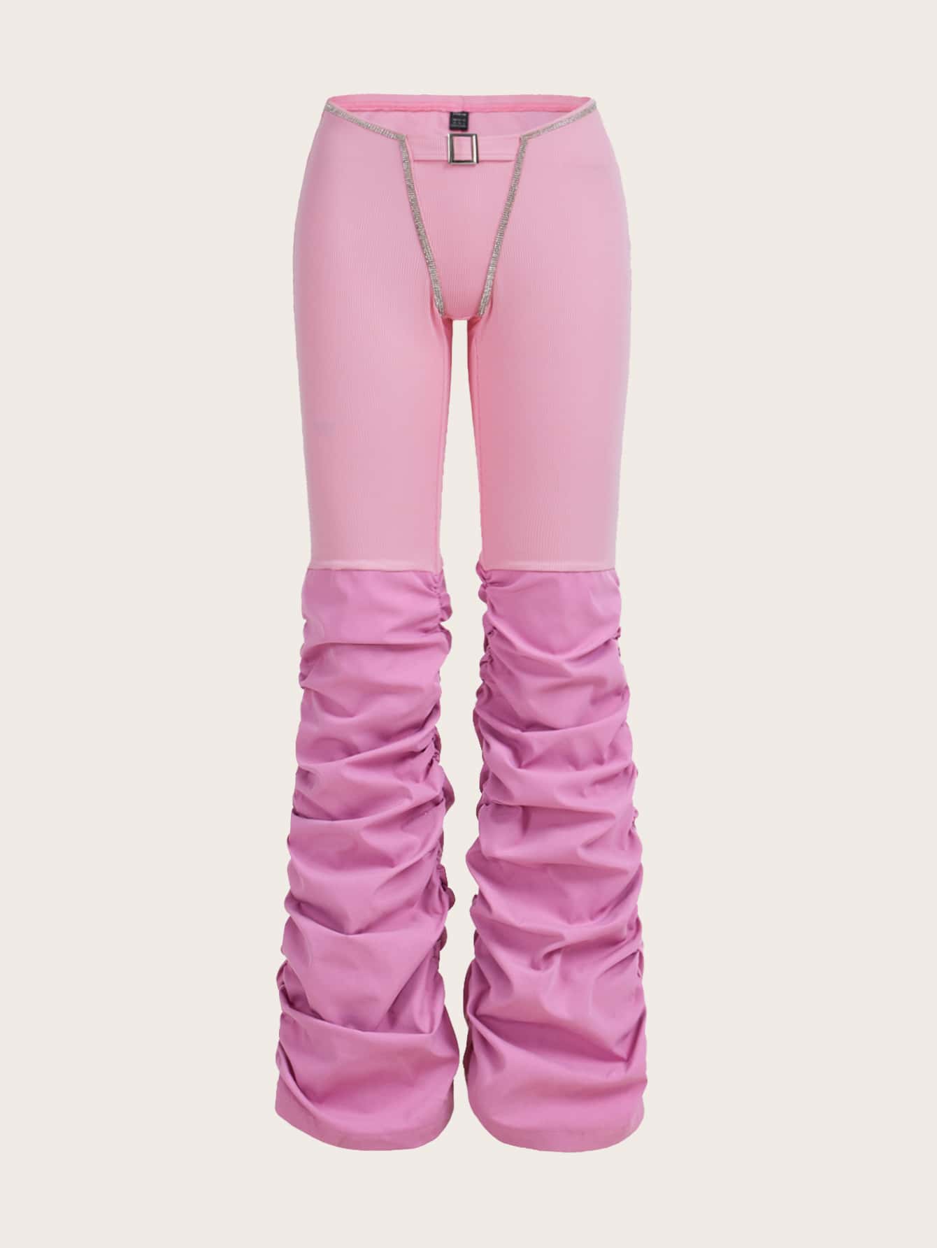 SHEIN ICON Buckle Belted Stacked Trousers - Pink - View 1