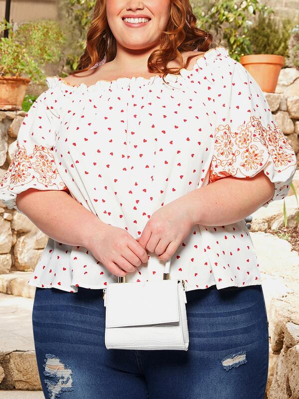 SHEIN CURVE+ Plus Heart & Floral Print Puff Sleeve Blouse