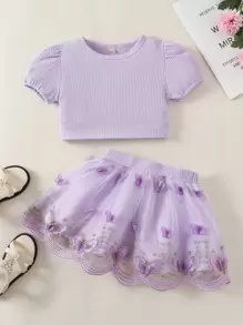 Toddler Girls Puff Sleeve Tee And Butterfly Appliques Skirt - Lilac Purple - View 1