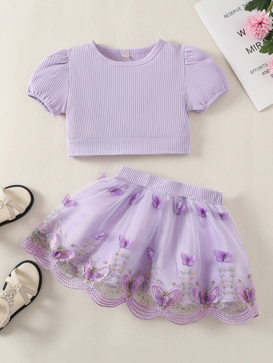 Toddler Girls Puff Sleeve Tee And Butterfly Appliques Skirt - Lilac Purple - View 1