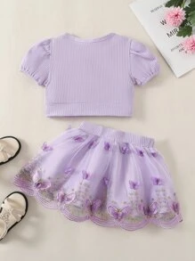 Toddler Girls Puff Sleeve Tee And Butterfly Appliques Skirt - Lilac Purple - View 2