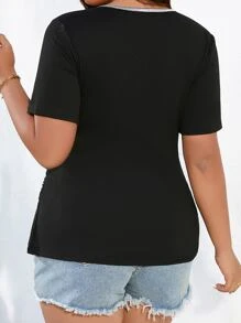 SHEIN LUNE Áo thun Plus size Trọn gói màu trơn Giải trí - màu đen - Xem 2