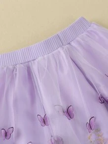 Toddler Girls Puff Sleeve Tee And Butterfly Appliques Skirt - Lilac Purple - View 8