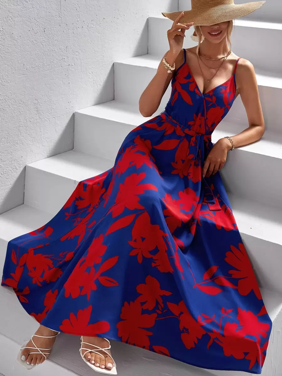 SHEIN VCAY 印花前打結吊帶連衣裙 - 彩色 - 查看 1