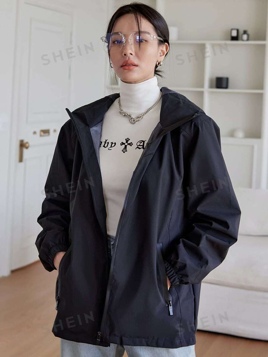 DAZY Chaqueta con capucha con cordón y cremallera delantera, ropa de otoño - Negro - Ver 1