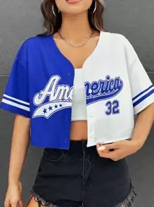 Muchica 女士字母条纹短袖单排扣休闲露脐衬衫 - 藍白色 - 查看 1