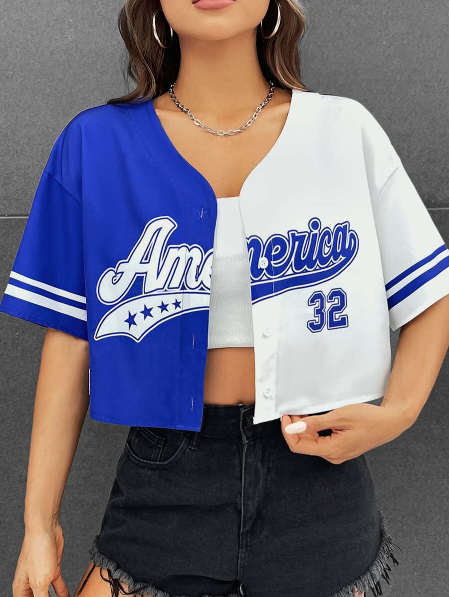 Muchica 女士字母条纹短袖单排扣休闲露脐衬衫 - 藍白色 - 查看 1