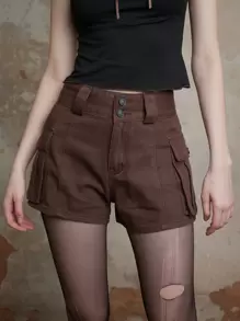 ROMWE Fairycore Quần short denim nữ Nút Túi Dây kéo màu trơn - Cà phê nâu - Xem 1