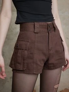 ROMWE Fairycore Quần short denim nữ Nút Túi Dây kéo màu trơn - Cà phê nâu - Xem 2