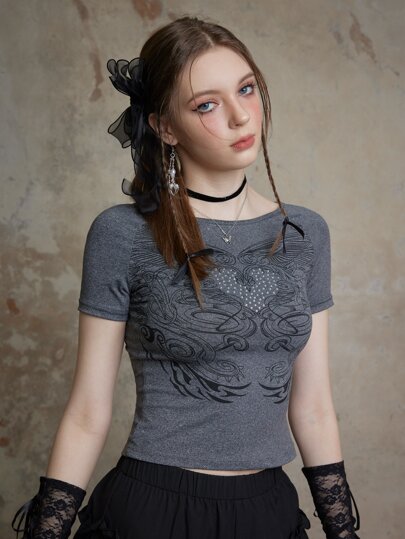 Fairycore T-shirts pour femmes Strass Casual Cœur