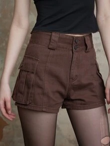 ROMWE Fairycore Quần short denim nữ Nút Túi Dây kéo màu trơn - Cà phê nâu - Xem 3